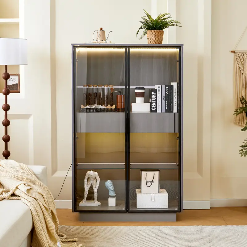 [Bellemave]60.6'' Freestanding Display Cabinet with 2 Storage Drawers, Pantry with Glass Doors & LED Lighting, Modern Bookcase with Adjustable Shelves for Hallways, Kitchen, Livingroom & Office - Grey