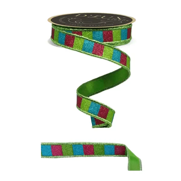 7/8" x 10yd D'Lux Glitter Stripe Ribbon in Hot Pink, Lime, & Turquoise w/ Lime Fused Backing