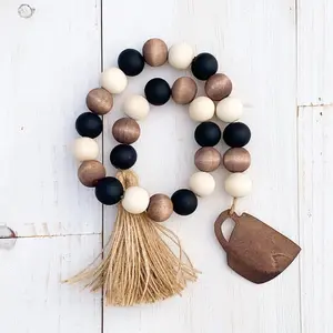 Farmhouse Coffee Cup Wooden Bead Garland, Rustic Farmhouse Tiered Tray Decor, Coffee Bar Bead Garland with Decorative Tassel, Farmhouse Beads, Beaded Garland