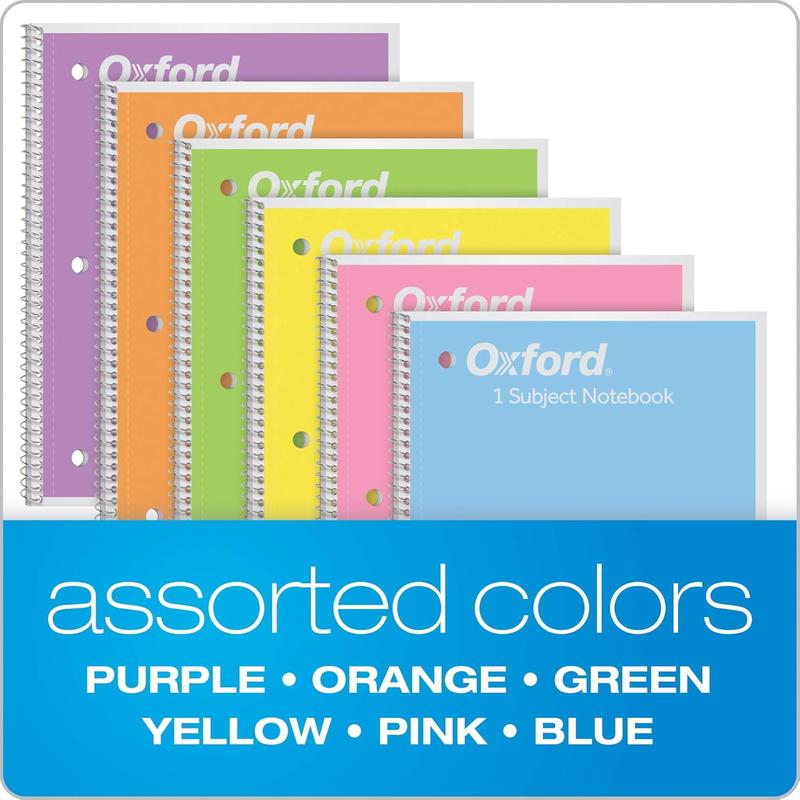 Oxford Spiral Notebook, 1 Subject, College Ruled Paper, 8 x 101/2 Inch, Pastel Pink, Orange, Yellow, Green, Blue and Purple, 70 Sheets (63756), Set 6