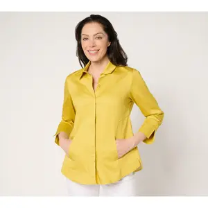 Joan Rivers Cotton Stretch Sateen Button Front Shirt with Pockets