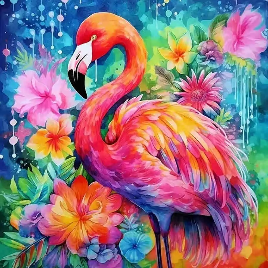 Colorful Watercolor Flamingo Diamond Painting Kit, Vibrant Tropical Floral Flamingo Art, High-Quality Full Drill Round & Square Rhinestone Mosaic, 5D DIY Handmade Cross Stitch Home Wall Decor, 12x16 inch / 30x40cm