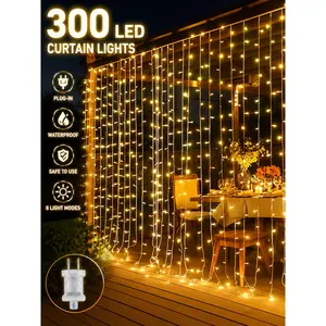 300 LED Curtain Lights, Warm White Plug-in Fairy Curtain Lights for Bedroom, Window Backdrop, Wall Decor, Christmas, Wedding, Patio, Dorm, Indoor Outdoor Party Decoration and Cozy Hanging String Light Ambiance