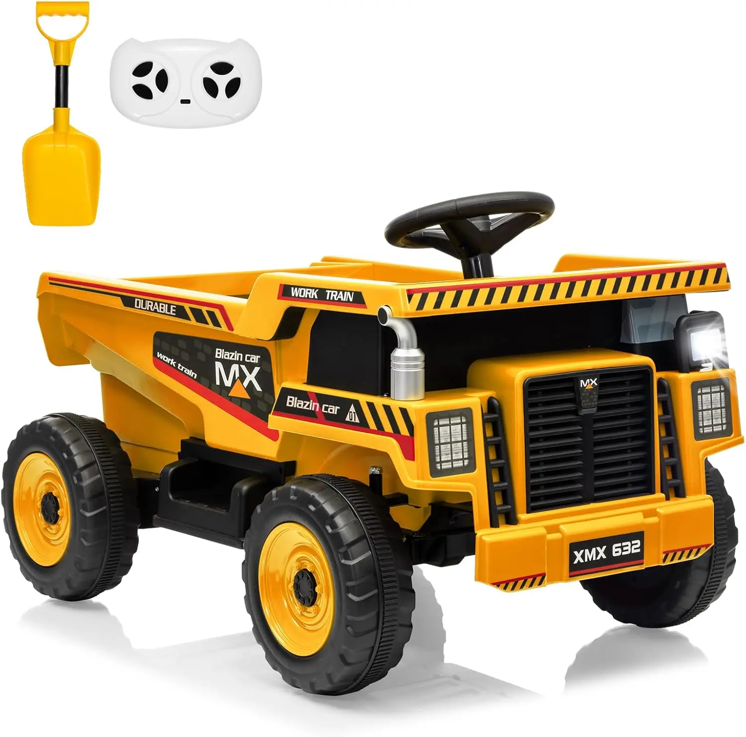 12V Kid Remote Control Toys Ride-On RC Construction Dump Truck - Electric Dump Bed, Detachable Shovel, Music, LED Lights, Spring Suspension (Yellow)