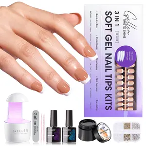 Gellen French Tips Gel Nail Kit - Brown Short Square French Press on Nails Kit Included 150pcs Soft Gel Nail French Tips, Solid Nail high quality Gel Glue, Mini UV Nail Lamp, Top Coat and Base Coat Gel Polish Flawless Manicure