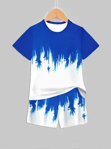Blue Gradient Tie-Dye Print Short Sleeve Short Pants Set, Stylish and Comfortable Casual Wear for Kids Children