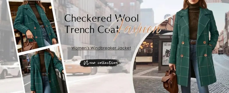 Women's plaid wool blend trench coat with notch lapel – image 3