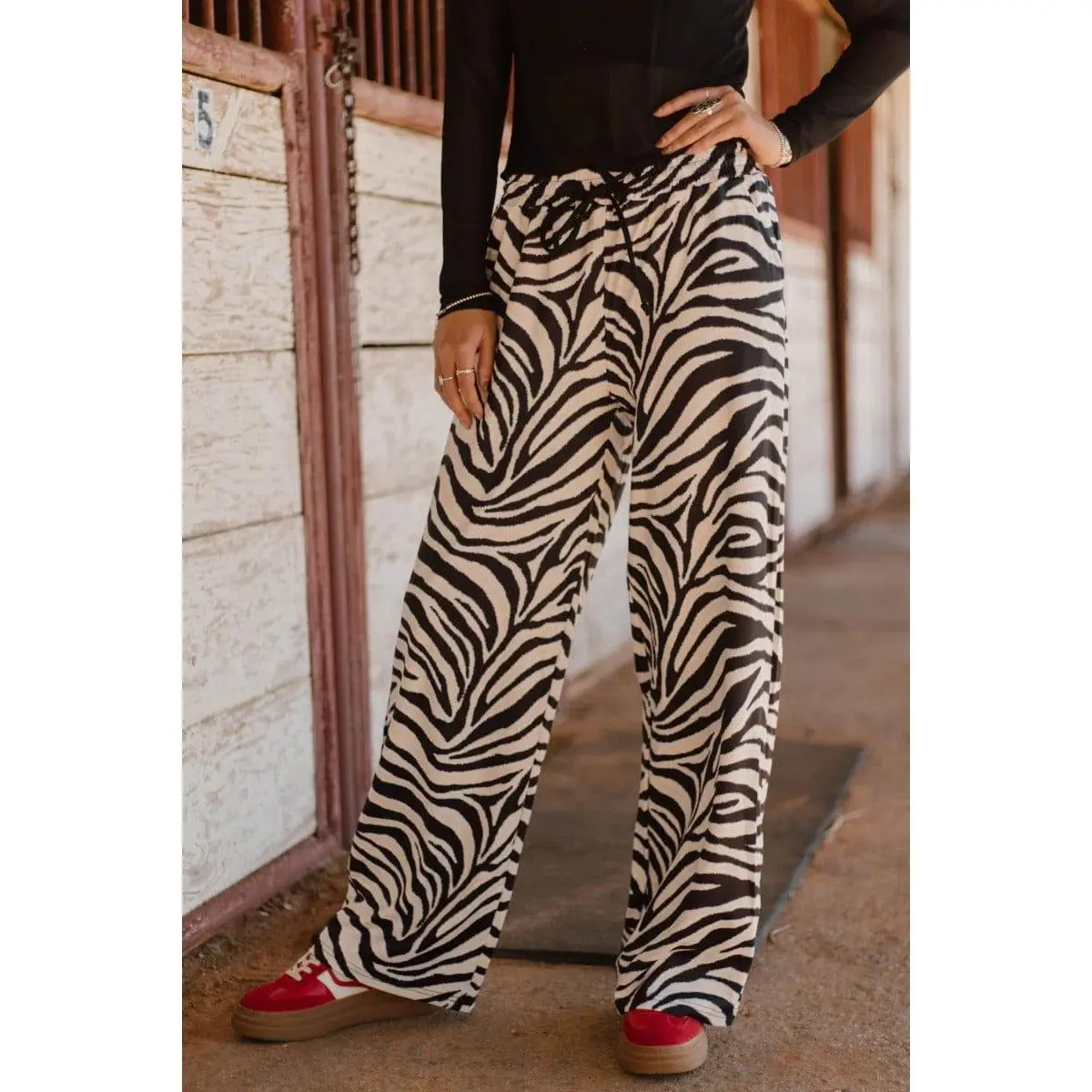 Women's Zebra Print Pants - Wide-Leg Style in a Soft Polyester-Spandex Fabric for Lounge and Casual Wear, Vibe, Bottom, Cowgirl, Everyday, Jogger, Stretchy