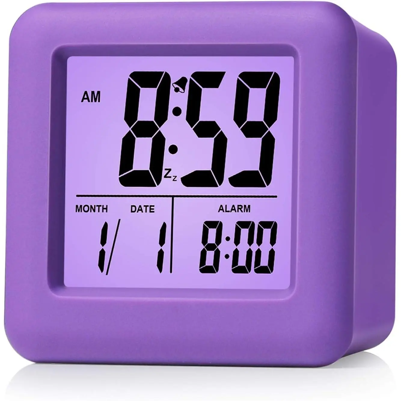 Purple Silicone Digital Alarm Clock for Kids - Battery Powered Bedroom Decor Clock with Snooze, Nightlight, Easy Setting, Time-Date Display, Loud Alarm, Digital Clock