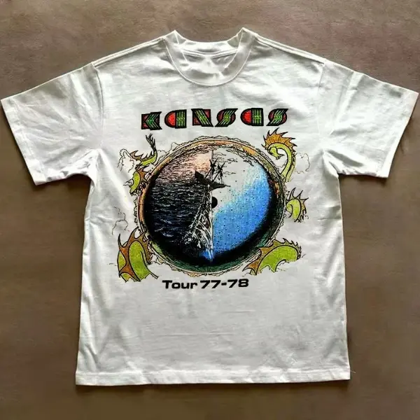 Vintage Kansas Band OnTour White Short Sleeve S to 5XL Tee Shirt, Gifts Shirt, Unisex Shirt Top Menswear Womenswear, Top Band Tee