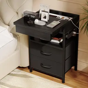 Nightstand Hidden Drawer Charging Table - Night Stand with Charger Station and Sliding Top Storage, Bedside Table with 2 Fabric Drawers, for Dorm Living Room Bedroom, Black