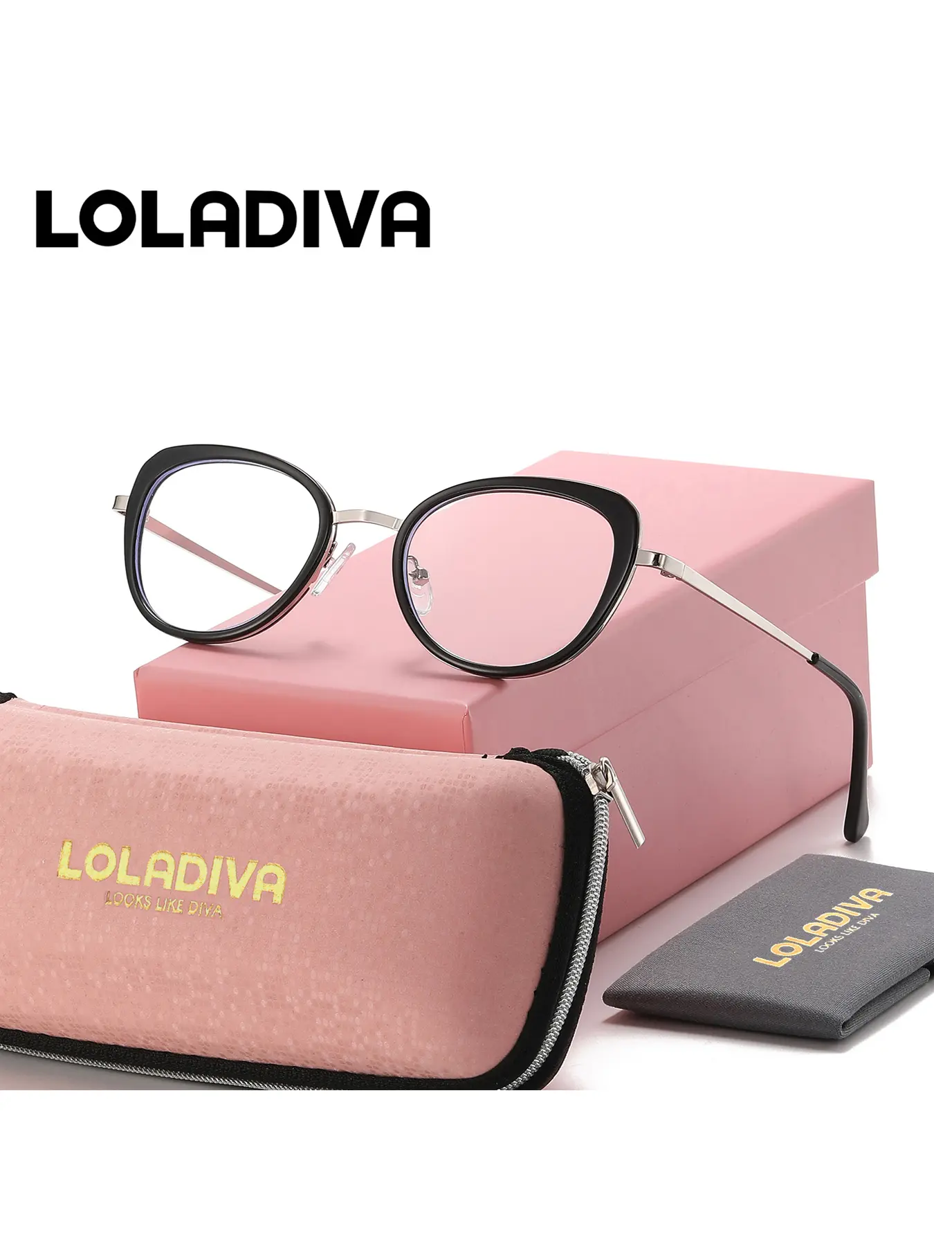 LolaDiva 1 Piece Unisex Lightweight Elegant Full Frame Plaon Glasses Gentle Impression Cat Eye Frame Plaon Glasses