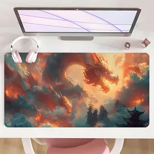 [Gaming Mouse Pad] Ultimate Mythical Dragon & Burning Sky Design Non-Slip MousePad For Desk With Rubber Base & Stitched Edge, Ideal For Christmas Gifts And Year-Round Gaming Setup