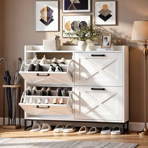 VOWNER 47.2" Farmhouse Shoe Storage Cabinet, 4 Flip Drawers for 24-32 Pairs, Narrow Hidden Shoe Rack With Metal Legs, Freestanding Wooden Shoe Organizer, For Entryway, Hallway or Living room