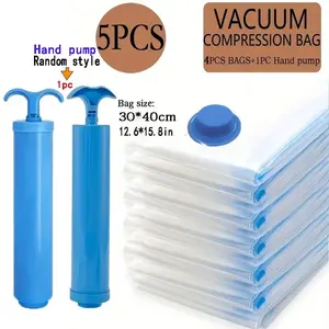 5pcs Vacuum Storage Bag Set, (4 small-sized vacuum bags + 1 random style vacuum pump).Reusable, Space-Saving, Dustproof, Ideal for Clothes and Bedding, Perfect for Dorms, Closets, Moving