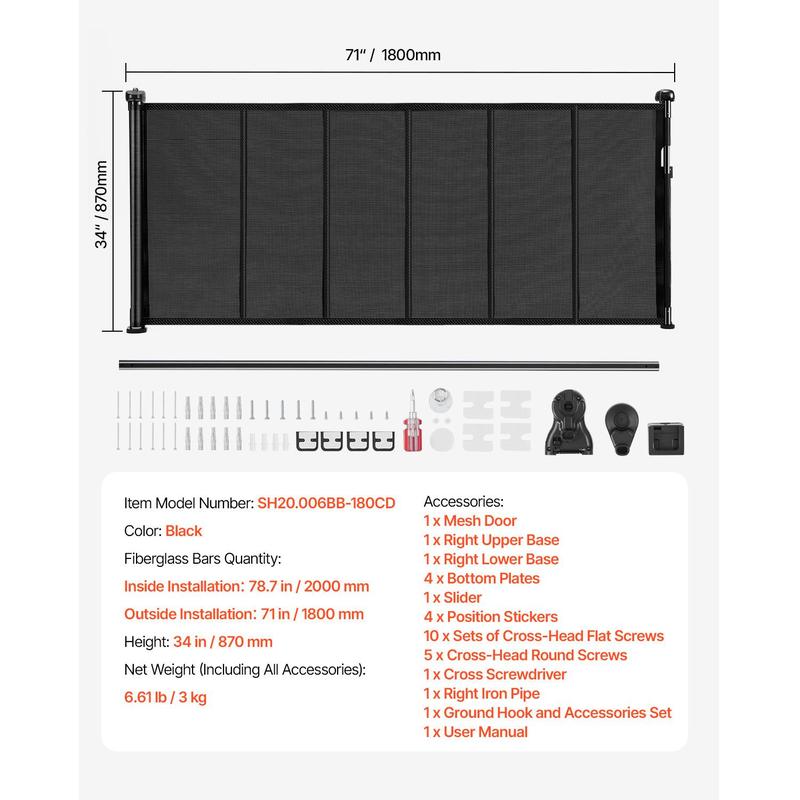 VEVOR Retractable Baby Gate, 34 inch Tall, Extends up to 71 inch Wide, Retractable Gate for Kids or Pets, Mesh Material, Easy to Install for Indoor Stairs, Doorways, Hallways, Playrooms, Black