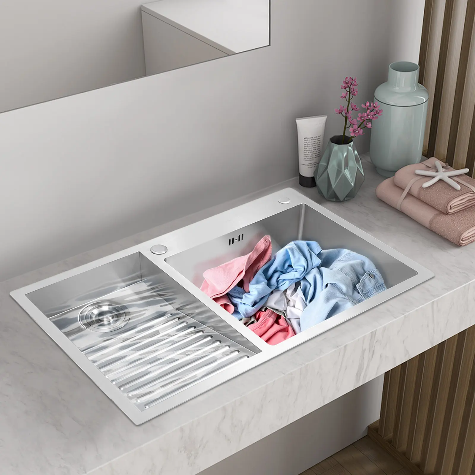 304 Stainless Steel Double Basin Laundry Sink Combo with Washboard, 87in Deep Top Mount-Undermount Washing Sink for Laundry Room, Modern Home Utility Tub