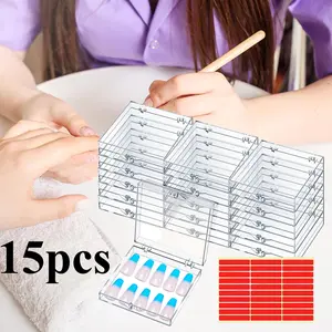 15 Pcs Press On Nail Display Cases with 30 Adhesive Tapes, Clear Acrylic Storage Organizer Box for Artificial Nails