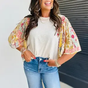 Beige Floral Patchwork Half Batwing Sleeve Blouse