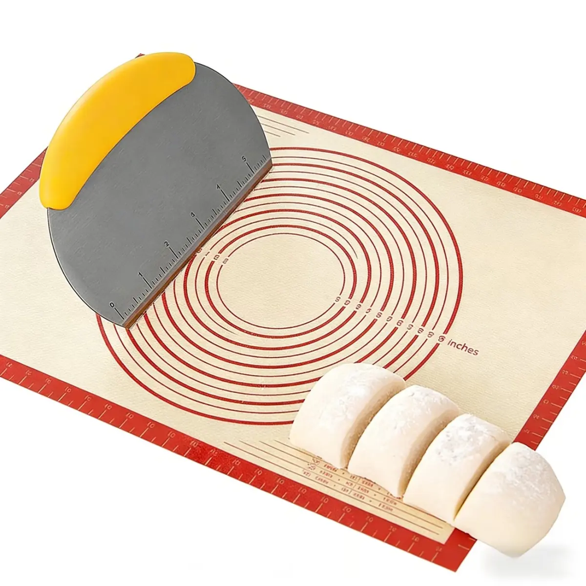 20x28 in Oblong Non-Slip Silicone Baking Mat with Stainless Steel Bench Scraper Cutter, Heat-Safe Countertop Mat, Thick Reusable Durable Bakeware Kneading Board with Measurements for Bread Making