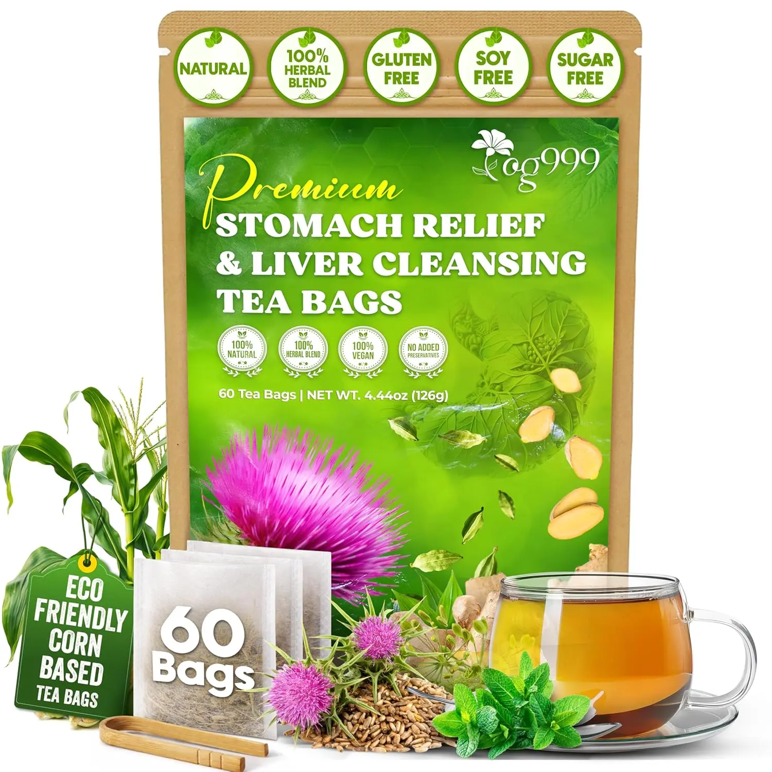 TOG999, Premium Stomach & Liver Herbal Tea – 60 Tea Bags – Herbal Blend with Milk Thistle Seed, Ginger, Peppermint, Fennel & Licorice – Naturally Caffeine-Free – Smooth, Refreshing Tea for Daily Herbal Enjoyment