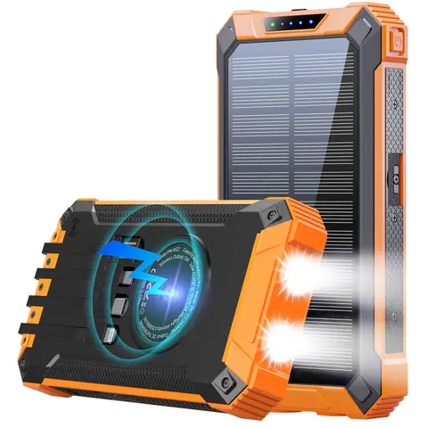 GOODaaa W22 36000mAh Solar Power Bank - 15W Fast Charge Portable Charger with 4 Built-in Cables, 6 Outputs, 3 Inputs, Dual Wireless+Flash Flashlights, Carabiner, 5V/3A, Lightning Compatibility, Smart Protection IC Chip for Mobile Devices, Back to School