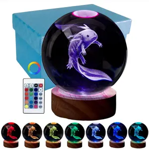 3D Axolotl  Ball Night Light, Upgraded 3.15 Inch  Axolotl Lamp with LED Wooden Base, 16 Colors Change with Remote Control, Birthday Christmas Gifts for Friends (Axolotl - G)