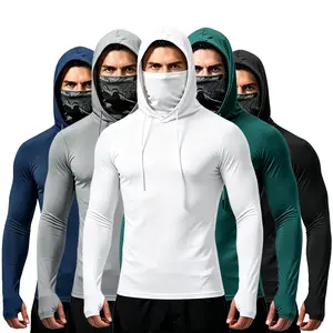 6/3 Pack Men's Sun Protection Long Sleeve Hooded Shirts, 4-Way Stretch Quick Dry Compression Work Shirt with Built-in Face Mask & Neck Gaiter, UV Protection for Fishing Cycling Gardening Outdoor Work