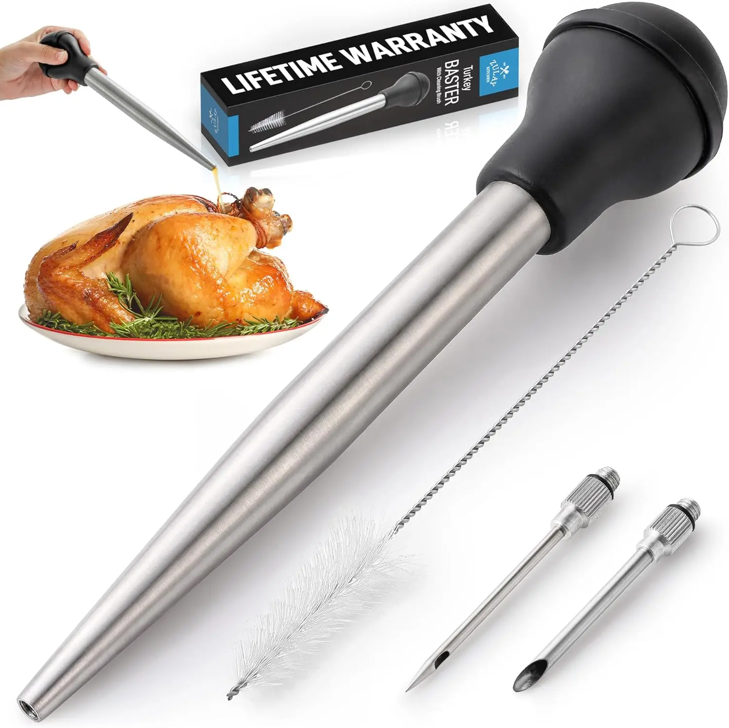 Zulay Kitchen Stainless Steel Turkey Baster Food Grade Metal Baster Syringe & Silicone Suction Bulb - Large Size With 2 Detachable Needles and Cleaning Brush