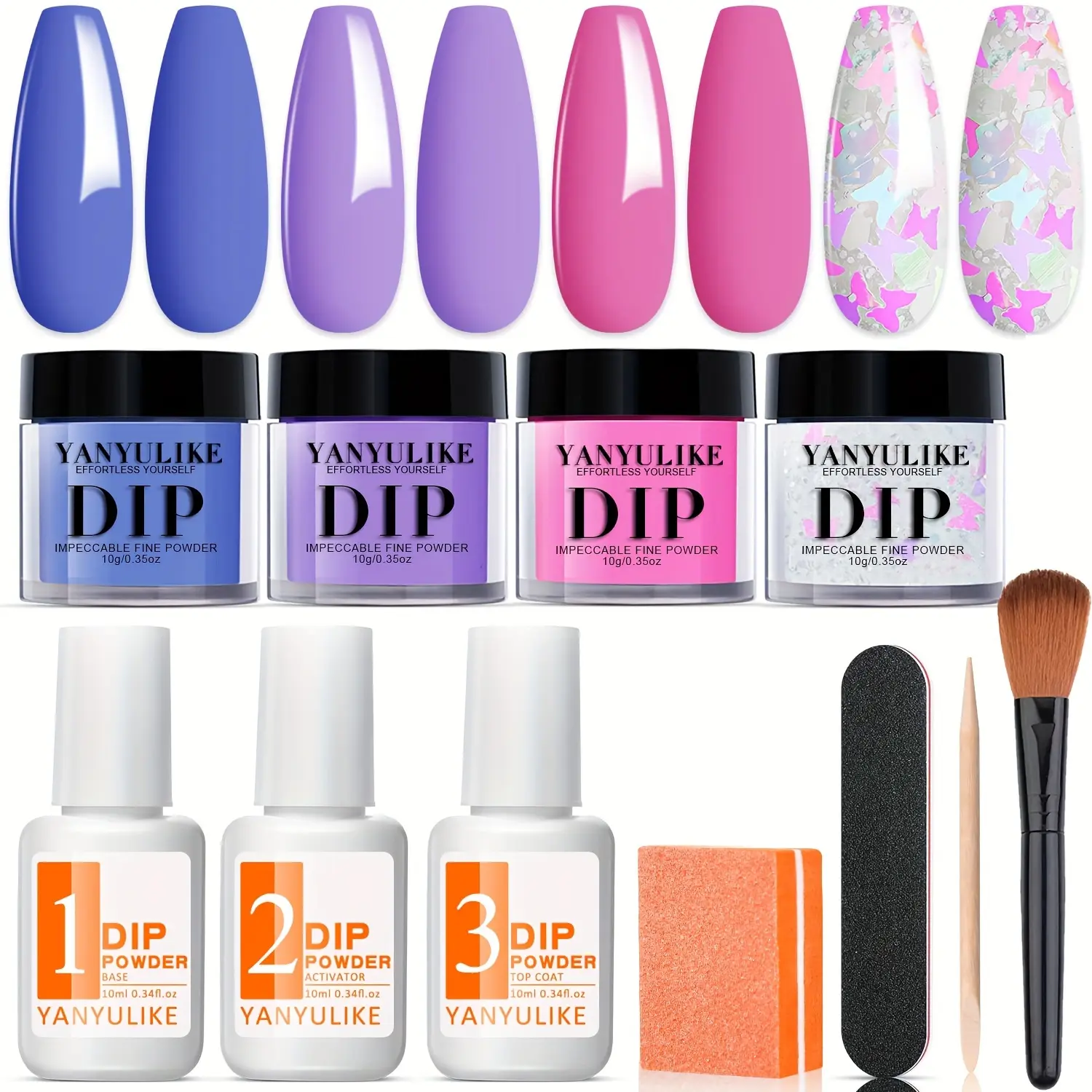 4-Color Dip Powder Nail Kit, Spring Collection with Cute Butterfly Glitters for Chic Nail Art - Includes Base, Top Coat & Activator - Lilac, Purple, Blue & Pink, Cosmetic, Polish, Diy Nails