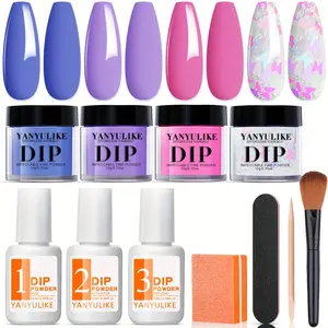 Spring Trendy 4-Color Dip Powder Nail Kit - Lilac, Purple, Blue & Pink with Butterfly Glitters - Includes Base & Top Coat Activator for DIY French Manicure Salon