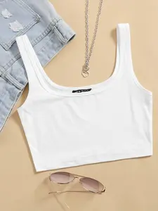Flirla Solid Crop Tank Top - White Sleeveless Top with Heart Necklace Included