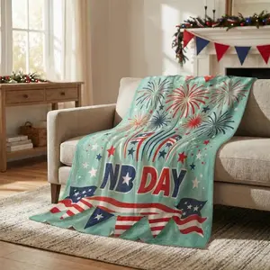 Celebrate NB Day with this soft mint patriotic fleece blanket! Vibrant fireworks, mini US flag bunting & red white blue star print design, ultra-fluffy cozy throw for 4th of July beach trips, backyard BBQ, fireworks