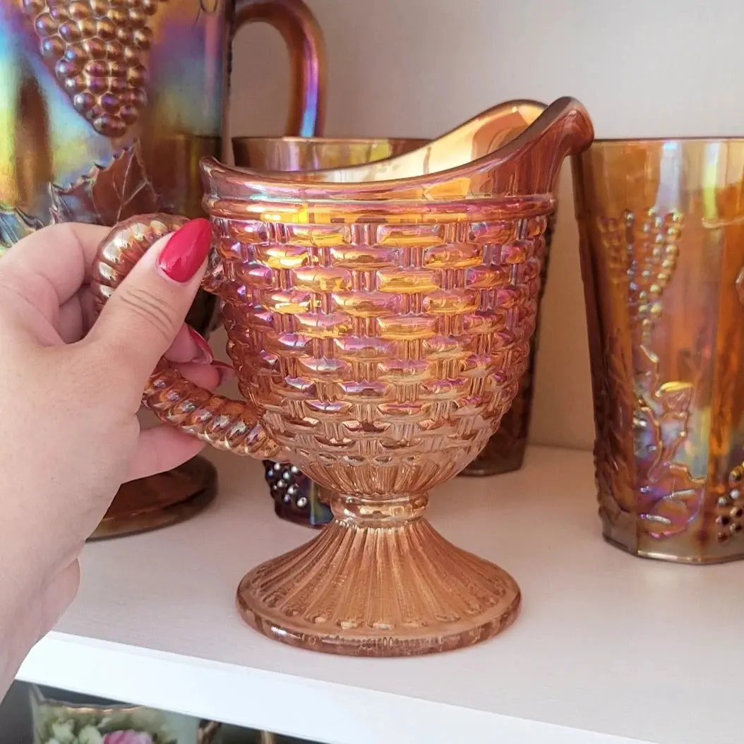 Vintage Marigold Carnival Glass Woven Pitcher