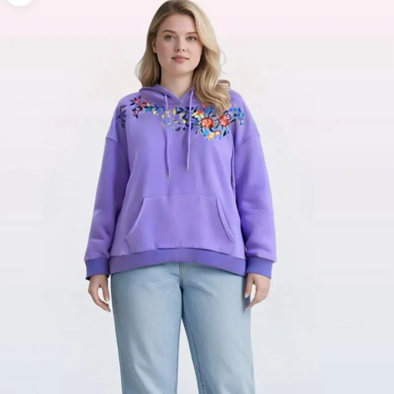 Women's Embroidered Floral Hoodie Sweatshirt - Feminine Long Sleeve Pullover Tops, Cozy Cotton-Polyester Fabric, Oversized Loose Fit, Drop Shoulder, Casual Elegant, Kangaroo Pocket, Adjustable Drawstrings, Ideal for Thanksgiving Valentines Day Gift