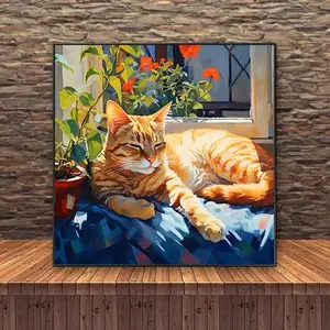 Warm Sun Cat Mosaic Diamond Painting Kit for Beginners, 5D DIY Round Full Drill Gem Art Decoration for Home Walls, Diamond Art Tools