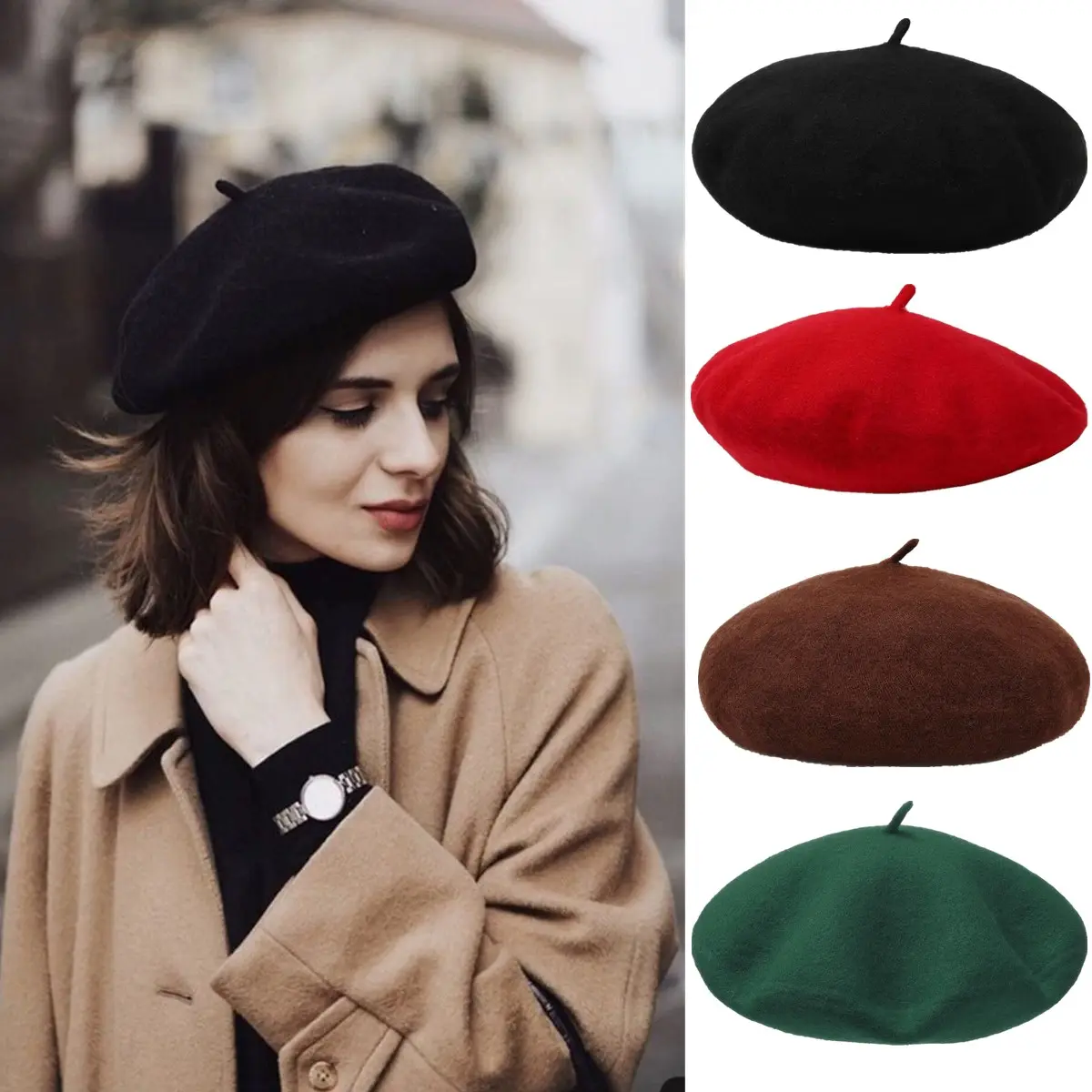 AWAYTR Women's French Beret, Solid Color Wool Blend Artist Cap, High Quality Breathable Casual Hat for Fall and Winter, Fashion Matching Hat, High Quality Hat