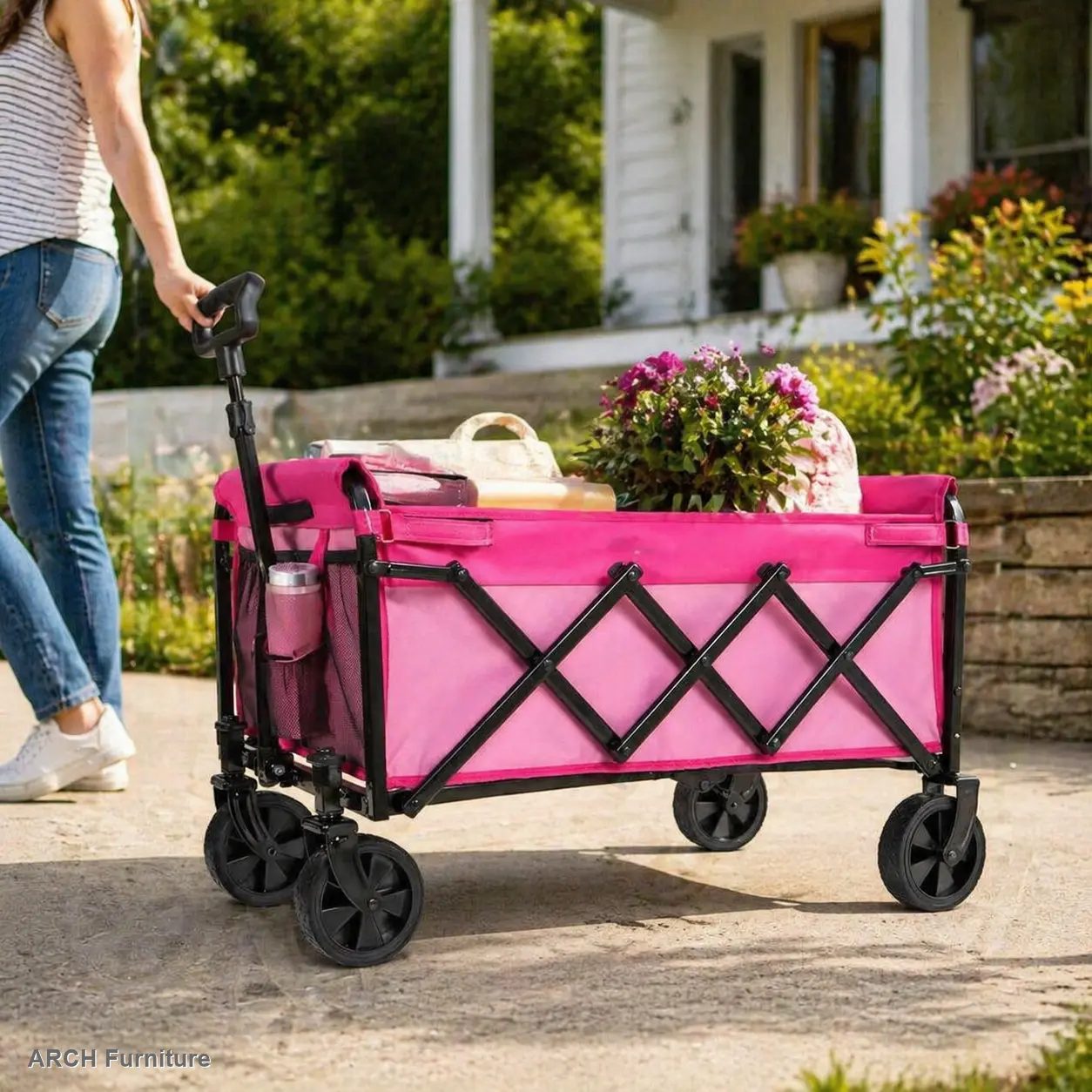 Pink ARCH Steel Frame Foldable Utility Cart - 360lbs Capacity, 360-Degree All-Terrain Wheels, Adjustable Handle, Cup Holders, Compact Collapsible Outdoor Furniture for Shopping, Travel, Sports, Gardening, Easy Setup