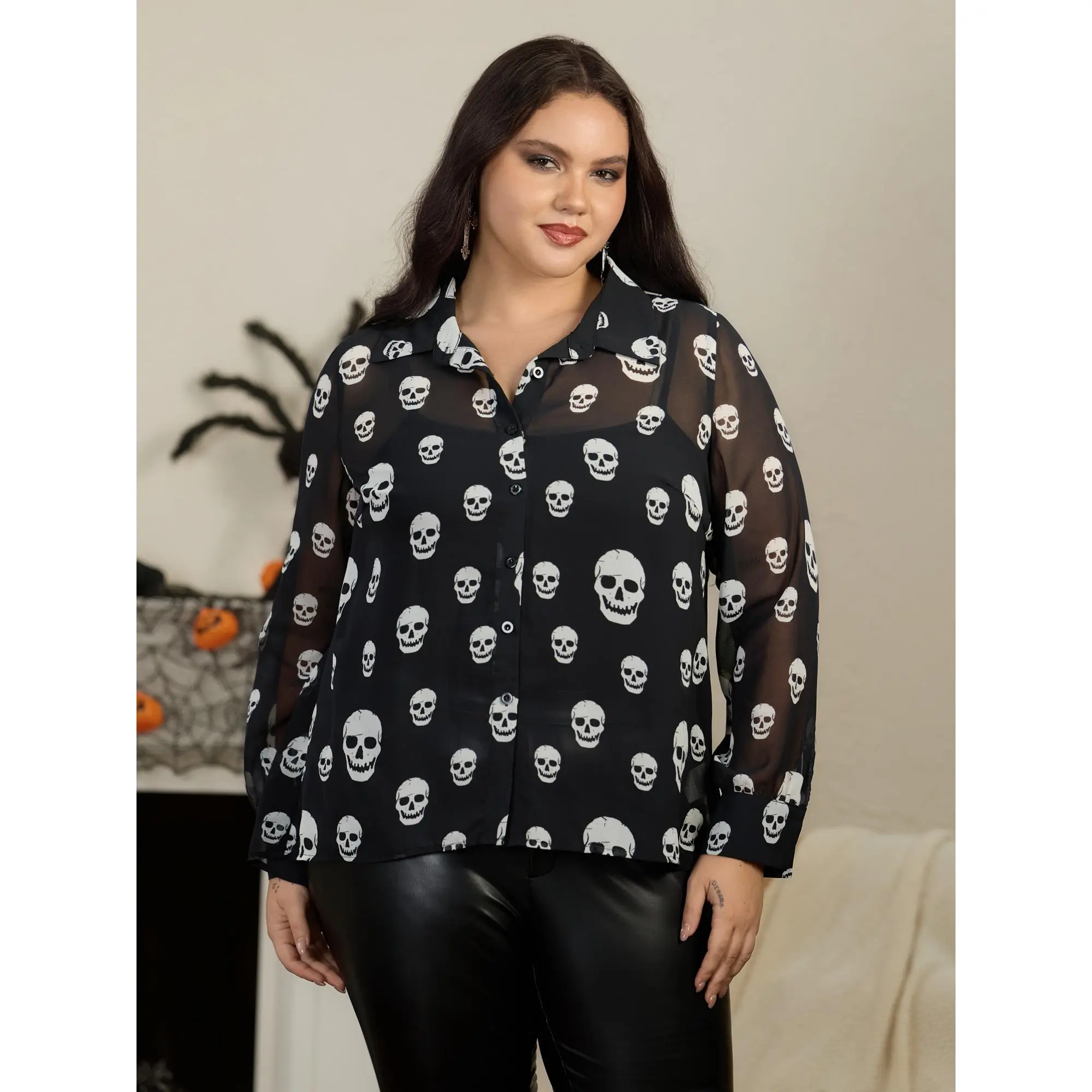 BloomChic Plus sizeSkull Print Sheer Chiffon Button‑Down Blouse[M-6X]Back To School,Fall Pick, Spotlight Day，SohoChic