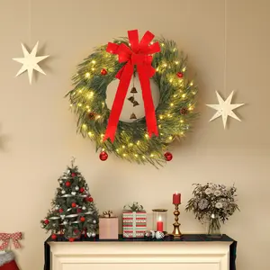 36-Inch Pre-Lit Christmas Wreath for Front Door, Home & Festive Decor with LED Lights, 8 Modes and Ornaments, Green