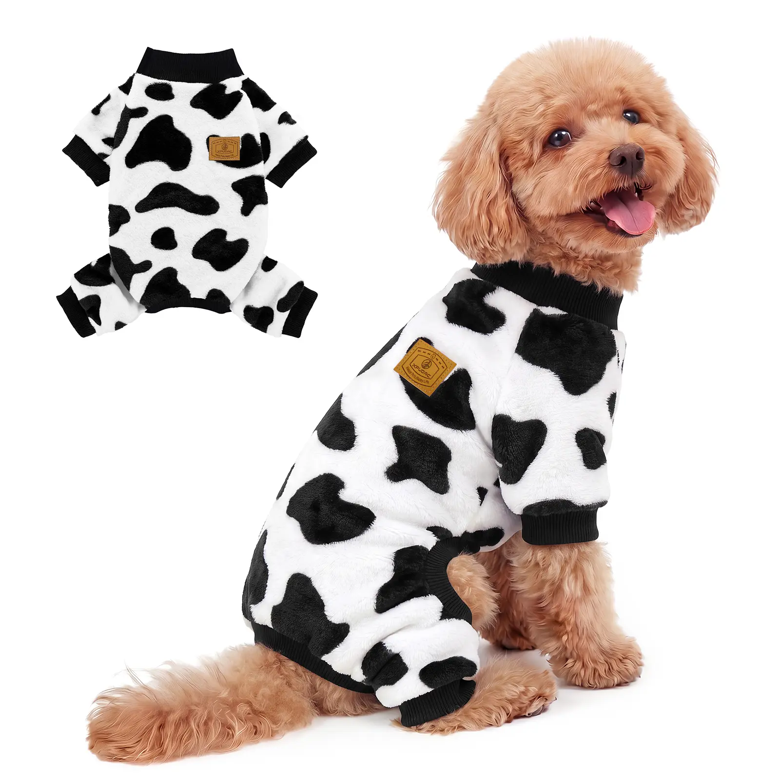 XPUDAC Cow Print Dog Sweater - Soft Fleece Pajama Design, Extra Warm Layer for Small-Medium Dogs, Winter Clothing for Cozy Nights & Outdoor Use, Pet Costumes