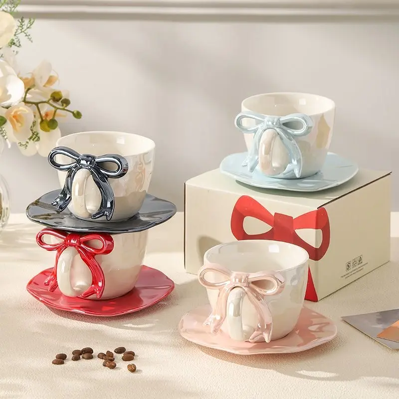 Cute 3D Bow Handle Ceramic Coffee Mug Set – Free Spoon + Saucer | Multi-Color Aesthetic Gift