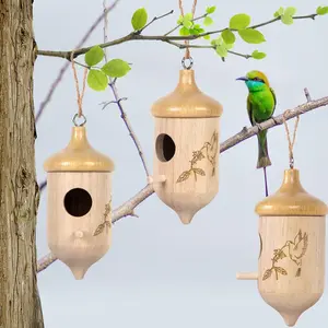 3-Pack Natural Wood Hummingbird Houses for Your Garden