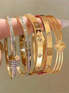 5-piece set of classic luxury stainless steel couple bracelets, trendy stack bangle, suitable for daily wear by men and women, perfect for daily wear, vacations, and all seasons as a perfect gift