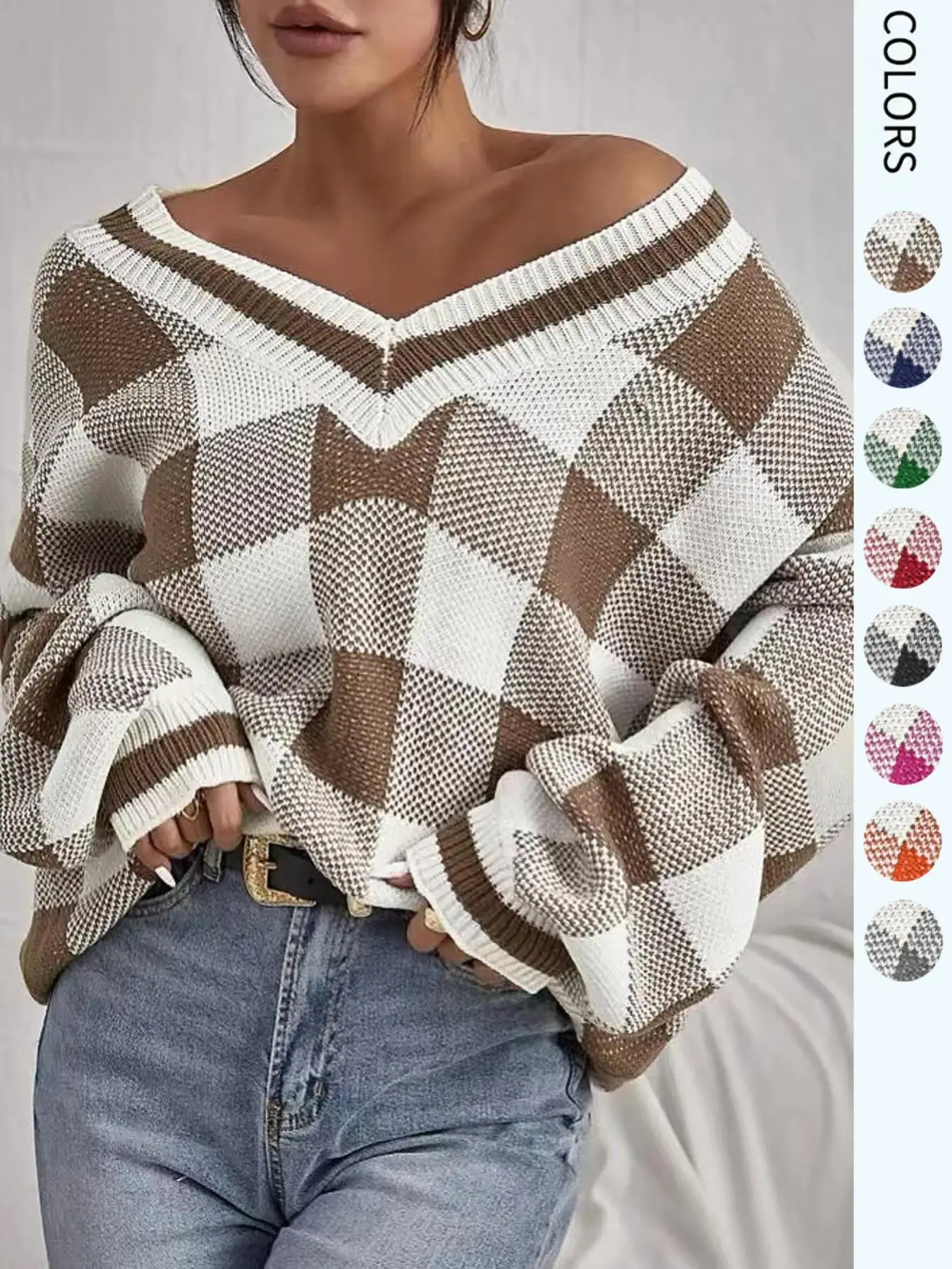 Women's Plaid Print Batwing Sleeve Sweater, Casual Deep V Neck Long Sleeve Jumper For Fall & Winter, Women's Knitwear Top For Daily Wear