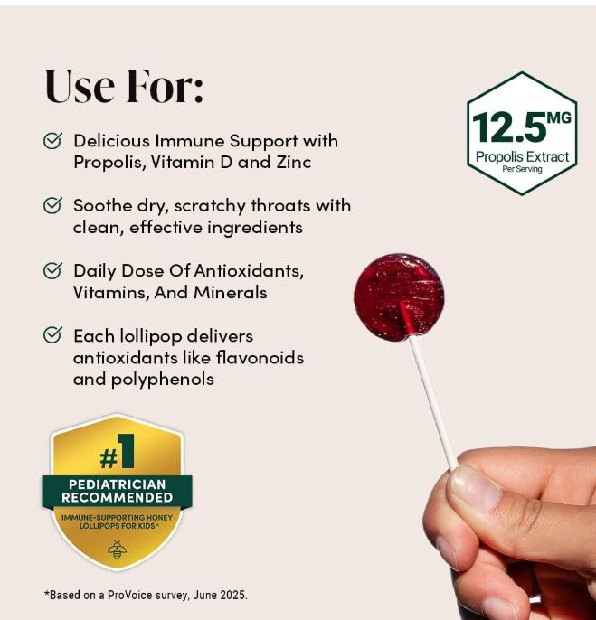 Kids Throat Soothing Lollipops -  Vitamin D & Honey, Under 2g Sugar, Clean Ingredients,15 ct