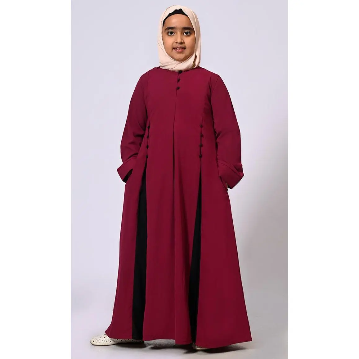 Pleated Perfection: Girl's Maroon Abaya with Box Pleats & Side Pockets