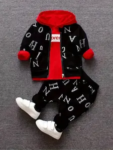 Boys' Spring/Fall Alphabet Print Hoodie Jacket & Pants Set - Stylish Cool Three-Piece Outfit for Casual Wear