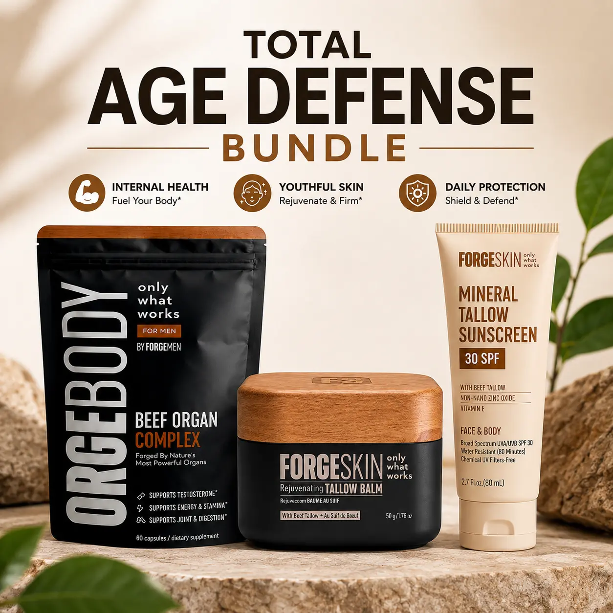 Beef Tallow Anti-Aging + Beef Organ Health Optimization Bundle : Forge Skin Wrinkle Defense Beef Tallow Balm Moisturizer + FORGEBODY Beef Organ Complex Capsules Supplement for Body & Brain Function + Mineral Tallow Non Nano Zinc Oxide Sunscreen SPF 30
