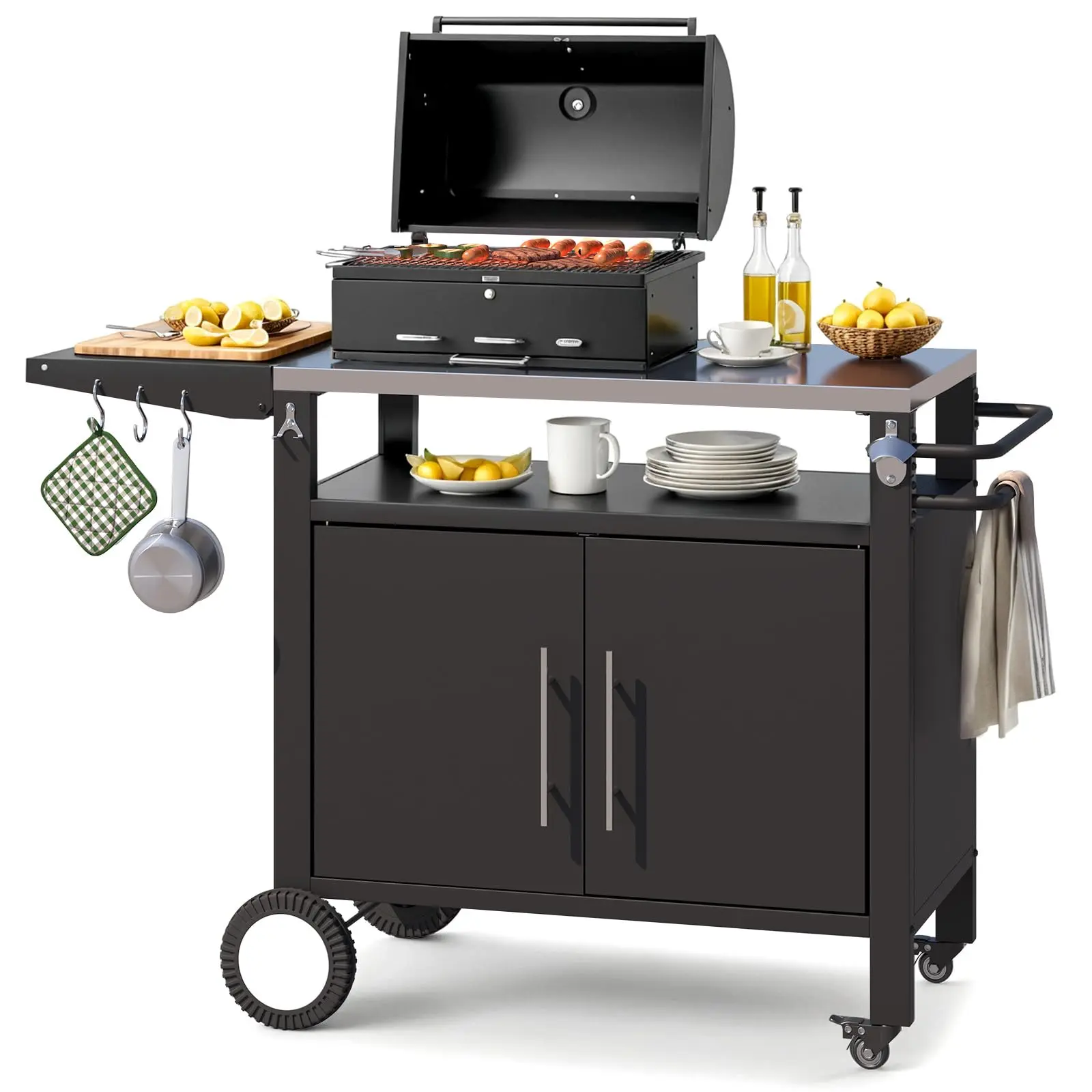 AECOJOY Outdoor Kitchen Storage Cabinet on Wheels Grill Prep Table with Stainless Steel Top & Extension Plate for BBQ Patio Backyard